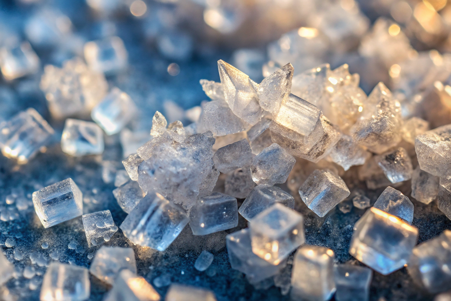 A macro photograph of shimmering salt crystals on a plain surface, showcasing their intricate geometric shapes and pure white color under natural light