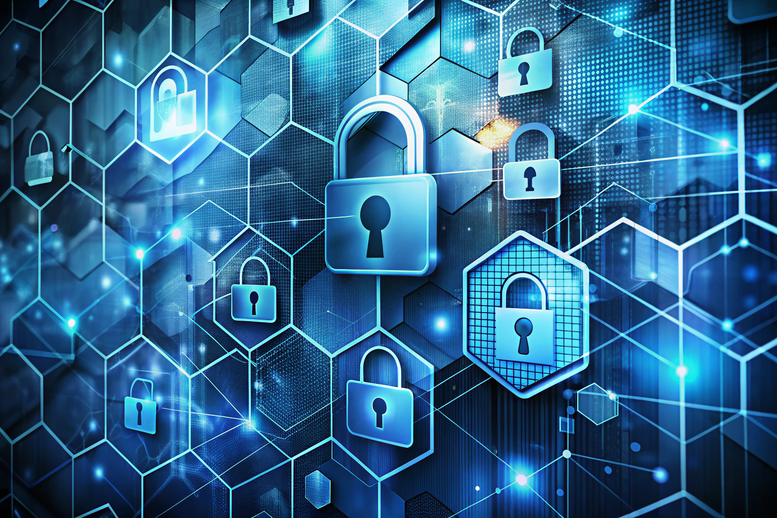 Abstract visualization of data security with overlapping geometric shapes in blue and gray, suggesting protection and privacy without any text or symbols