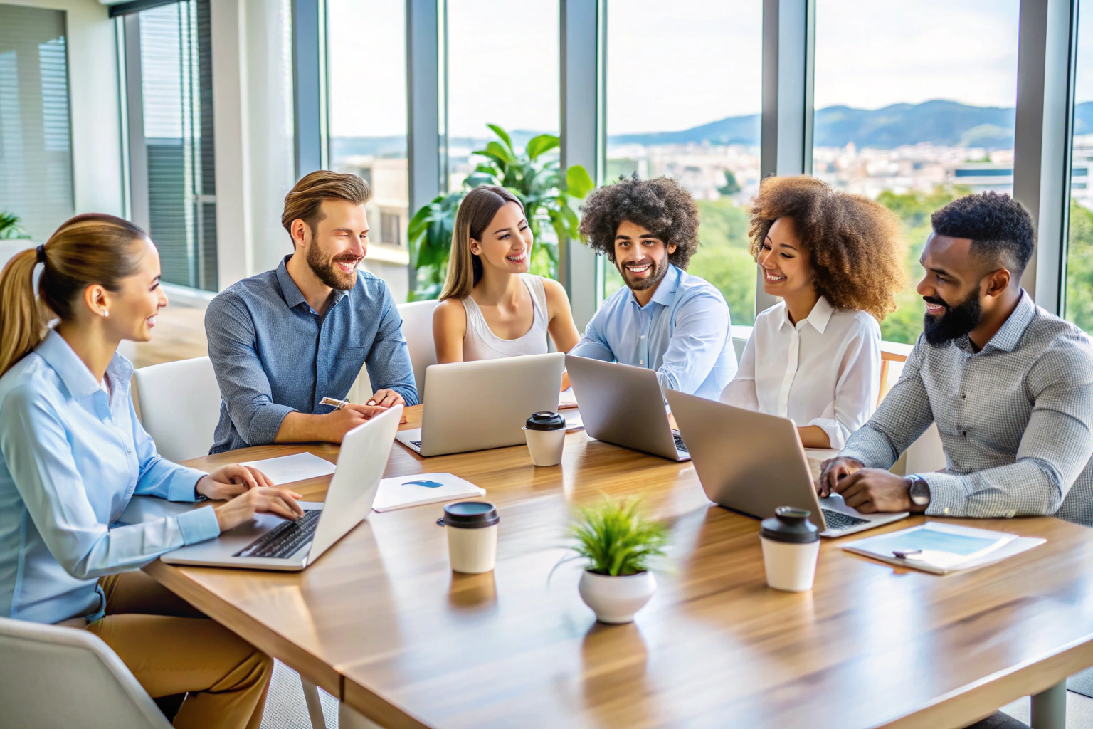 A group of diverse professionals sitting around a table in a modern, light-filled meeting room, discussing with laptops and notebooks, all wearing casual but professional attire, with no visible text or branding on any objects, representing a collaborative and expert team environment.